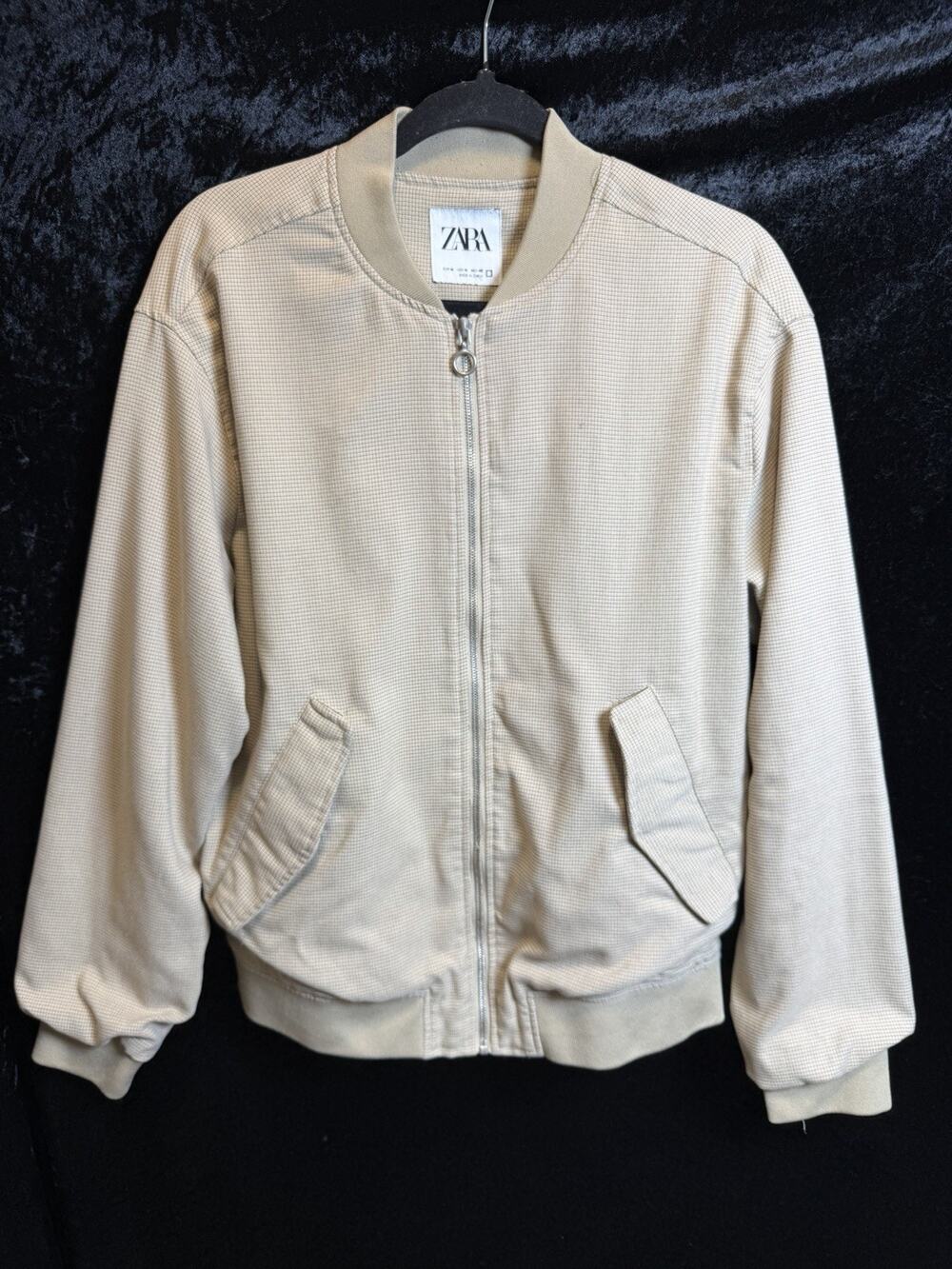 Zara Jacket Men Sz M Tan Micro Check Full Zip Flight Bomber Harrington
